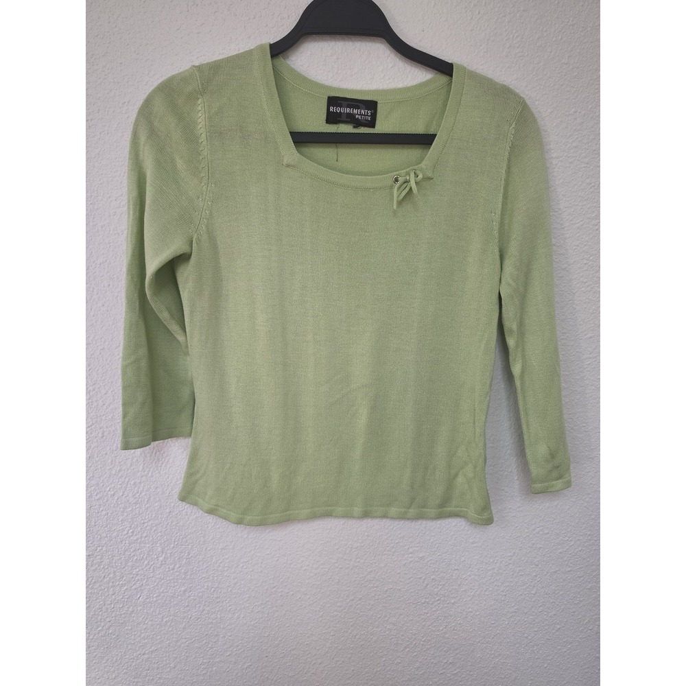 Requirements Petite Sweater 3/4 Sleeve Round Neck Light Green Solid Pullover Bow